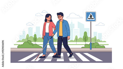 Helpful woman guiding a blind man with a white walking cane across a city street at a pedestrian zebra crossing during the day.