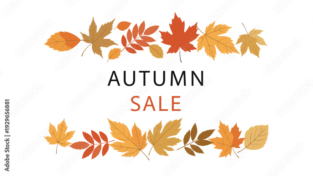 Fototapeta premium Autumn sale banner design featuring a decorative border of various colorful fall leaves on a white background with clean text.