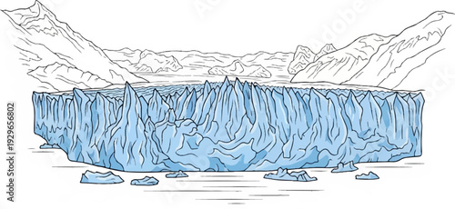 A vast, icy glacier face towers over frigid waters, with distant mountains