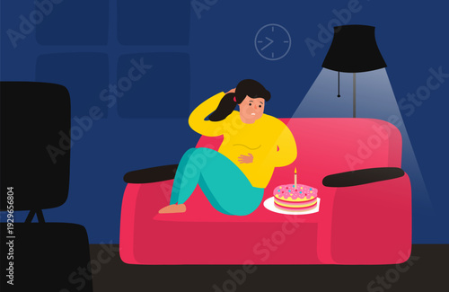 sitting woman look at the  cake night room weight loss gluttony vector illustration 