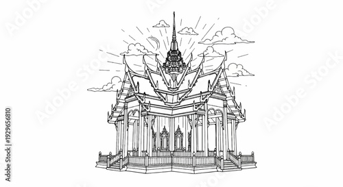 Ornate, tiered building with elaborate roof, radiant lines, and scattered clouds above