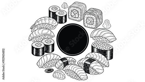 Artistic circular arrangement of various sushi types including nigiri and maki around a black soy sauce bowl in a sketch style.
