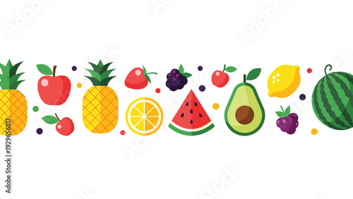 Long horizontal border design featuring various colorful flat fruit icons like pineapple, apple, strawberry, and watermelon.