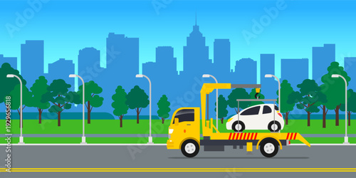 truck evacuator towing electric car city road street vector illustration 