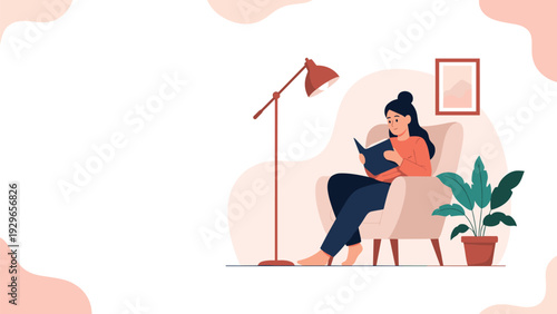 Relaxing scene of a young woman reading a book in a cozy armchair under a lamp, with a houseplant and a framed picture nearby.