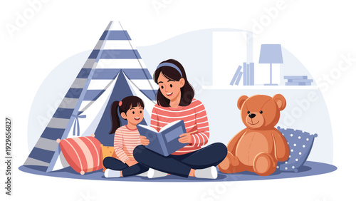 Mother and daughter sitting on the floor reading a book together next to a play teepee and a large teddy bear in a cozy room.