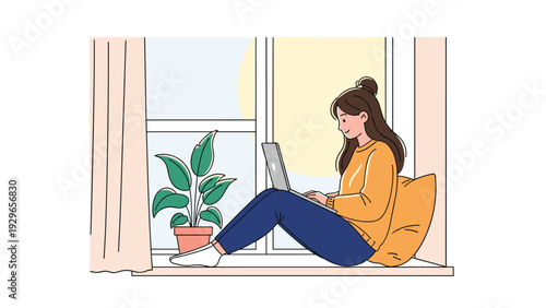 Young woman sitting comfortably on a sunny windowsill with her laptop and a potted plant, enjoying remote work from home.