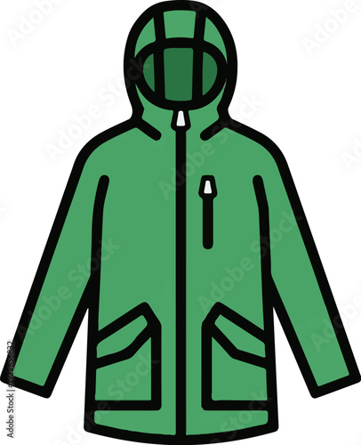 A green hooded jacket with two front pockets and a zippered closure