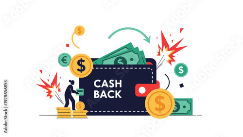Dynamic flat illustration showing the concept of cash back rewards with a wallet full of money, gold coins, and explosive icons.