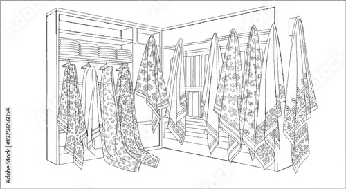 A neat closet displays stacked towels on shelves and colorful patterned towels on hangers