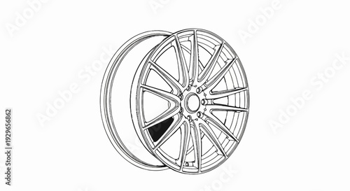 Detailed line drawing of a shiny alloy wheel with many spokes on a white background