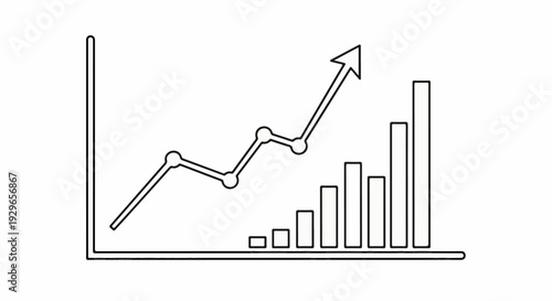 A rising line graph with dots connects to a bar chart showing growth