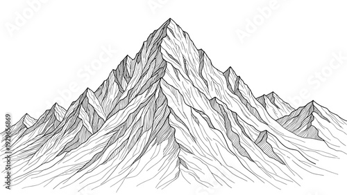 Detailed monochrome sketch of a majestic mountain peak with intricate shading and rocky texture against a white background.