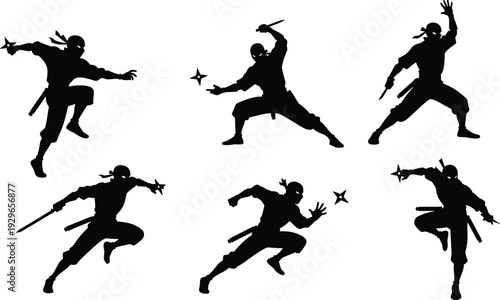 Six Black Ninja Silhouettes in Various Martial Arts Poses