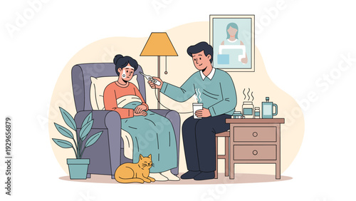 Caring man checking the temperature of a sick woman resting in an armchair with a blanket and a pet cat in a cozy home setting.