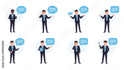 Set of professional businessman characters in suits with speech bubbles, showing different poses for business communication.