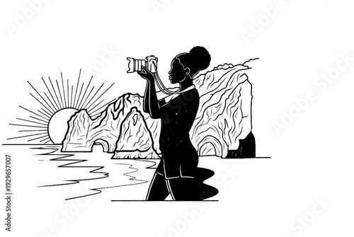 Silhouette of a woman with a camera captures a dramatic sunrise over a rocky coastline