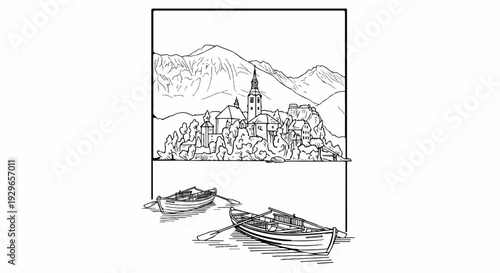 A tranquil lakeside scene features two rowing boats on the water, with a charming village nestled against majestic mountains