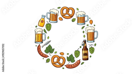 Circular decorative wreath composed of beer mugs, bottles, pretzels, sausages, and green hop leaves on a clean white background.