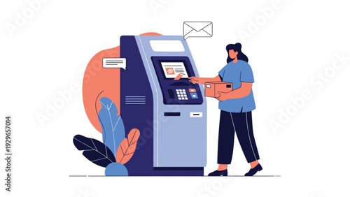 Young woman in casual clothes picking up a cardboard box from a modern automated package locker station with icons for mail and notifications.