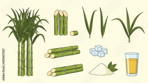 Detailed set of sugarcane illustrations including whole stalks, cut pieces, leaves, a bowl of white sugar, sugar cubes, and a glass of juice.