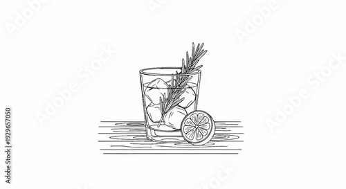 A sketched glass of ice, rosemary, and lemon slice on a wooden surface