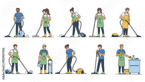 Collection of various male and female cleaning professionals in aprons and gloves using vacuum cleaners, mops, and sprays to clean.