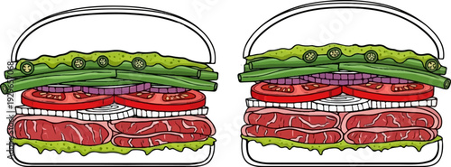Two illustrated sandwiches, one with green beans, jalapeños, onions, tomatoes, and meat