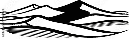 Stylized black and white desert dunes with a strong contrast and sweeping curves