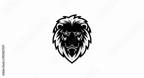 Stylized black and white lion's head with fierce expression and flowing mane