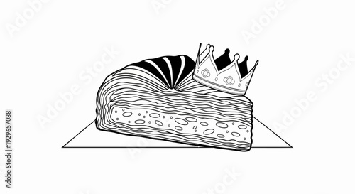 A drawing of a sliced dessert, possibly a cake or pastry, crowned with a regal tiara