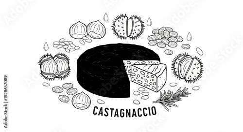 A black round food item with a slice removed, surrounded by nuts, fruits, and herbs