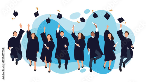 Silhouette illustration of a group of diverse graduates jumping for joy and throwing their mortarboard hats in the air against an abstract blue background.
