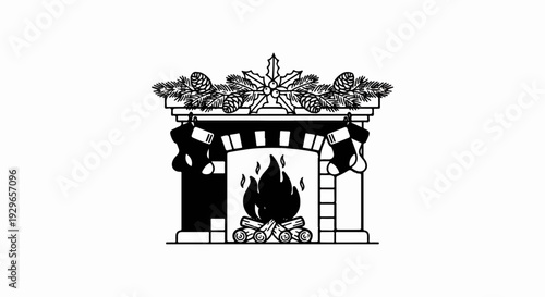Festive fireplace with glowing fire, stockings, and evergreen boughs