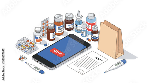 Isometric illustration of a smartphone with a buy button surrounded by various medicine bottles, pill blisters, prescriptions, and thermometers.