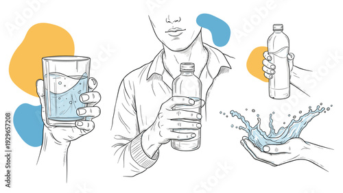 Detailed set of hand drawn illustrations showing people holding glasses and bottles of water and catching a splash, emphasizing hydration.