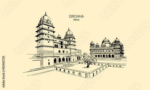 Orchha India Palace and Fort Complex Sketch architecture