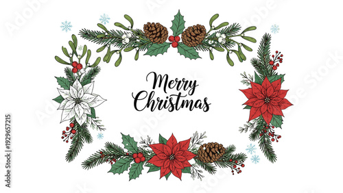 Beautiful christmas floral frame with red and white poinsettia flowers mistletoe and pine branches for holiday greeting.