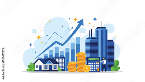 Concept of real estate investment showing modern buildings, a house, stacks of coins, a financial chart, and a rising arrow with a professional.