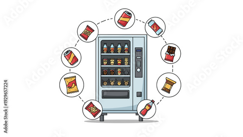 Modern vending machine surrounded by icons of various snacks and drinks including soda chips chocolate and water.