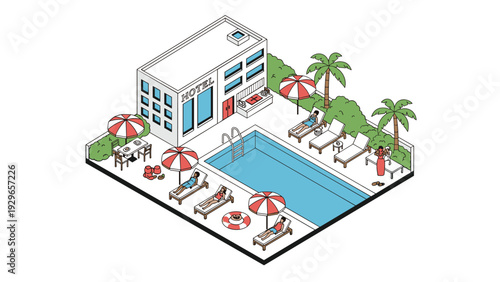 Isometric view of a modern two-story hotel with a swimming pool, sun loungers, palm trees, and guests relaxing under beach umbrellas.
