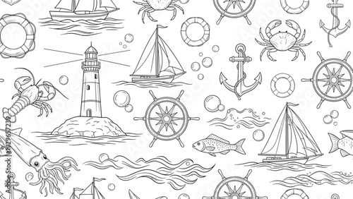 Seamless nautical pattern with hand drawn lighthouse sailboats anchors ship steering wheels and marine life on white.