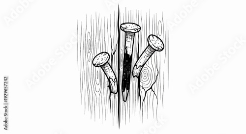 Rough wooden surface with three nails hammered in at varying angles