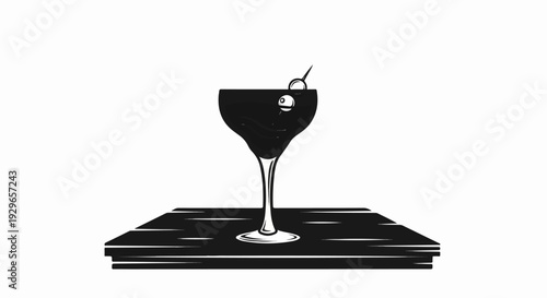 A black silhouette of a cocktail with a cherry on a pick sits on a wooden surface