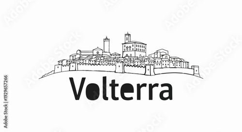 Stylized line drawing of a fortified town with towers and buildings, with large text below