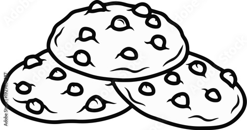 Stack of three round chocolate chip cookies, black and white illustration