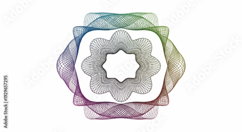 Intricate circular pattern with concentric geometric shapes and flowing gradient lines