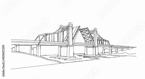 An intricate black and white drawing showcases a grand suspension bridge spanning a body of water