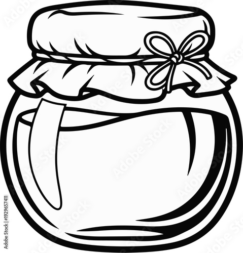 A glass jar with a cloth lid, tied with a bow, containing liquid