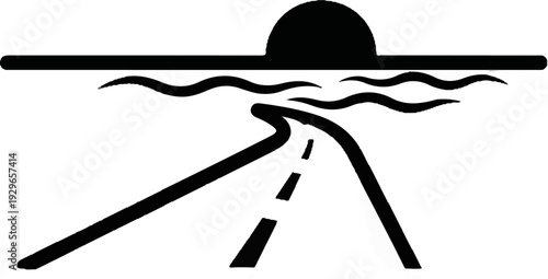 A stylized, simplified graphic of a road leading to a body of water under a setting sun